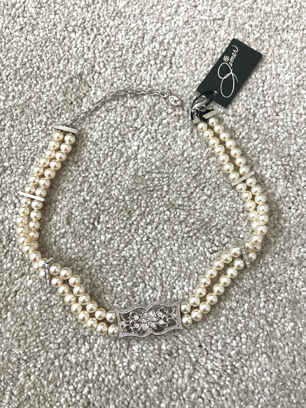 NWT Pearl Double-Strand Necklace with Silver Filigree Accent